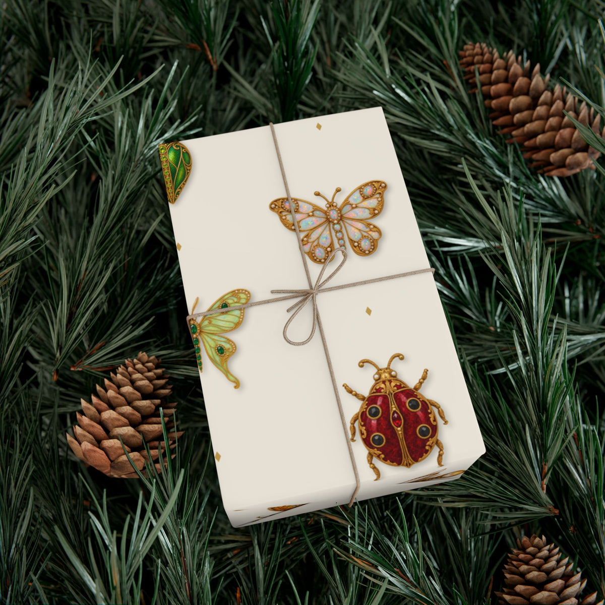 Jeweled Insect Wrapping Paper, Ivory Bridal Shower Gift Wrap, Vintage Brooch Bug Pattern, Elegant Wedding & Birthday Wrap