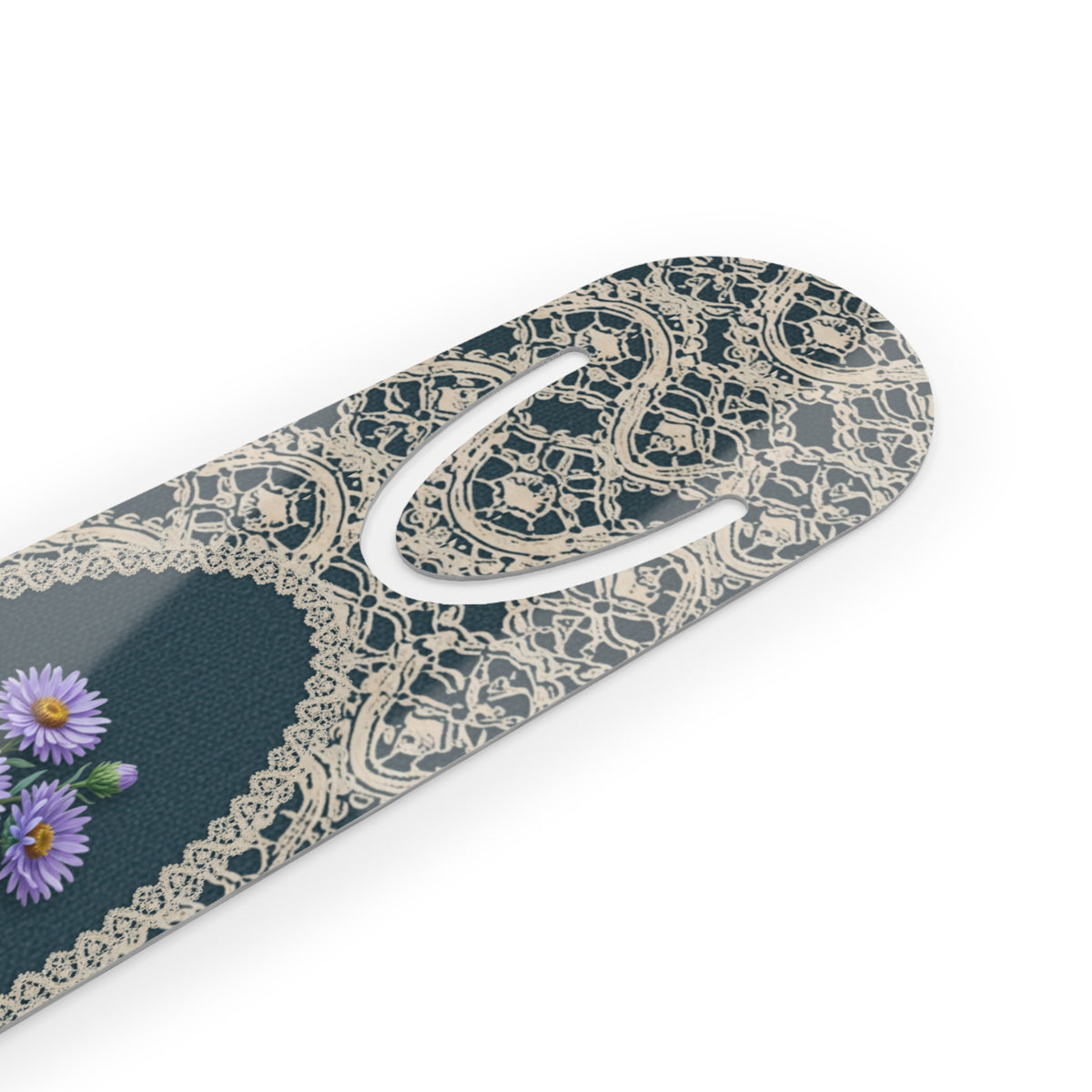 Metal bookmark with purple aster, the September birth flower, in vintage lace floral art, view 3