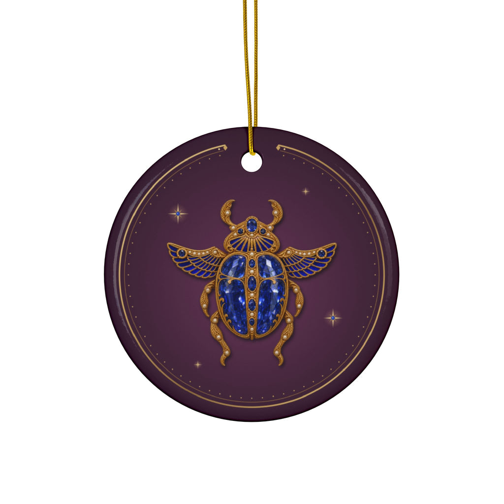 Personalized ceramic Christmas ornament with jeweled sapphire scarab, September birthstone, view 2