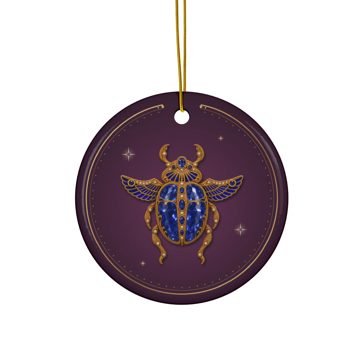 Personalized ceramic Christmas ornament with jeweled sapphire scarab, September birthstone, view 2