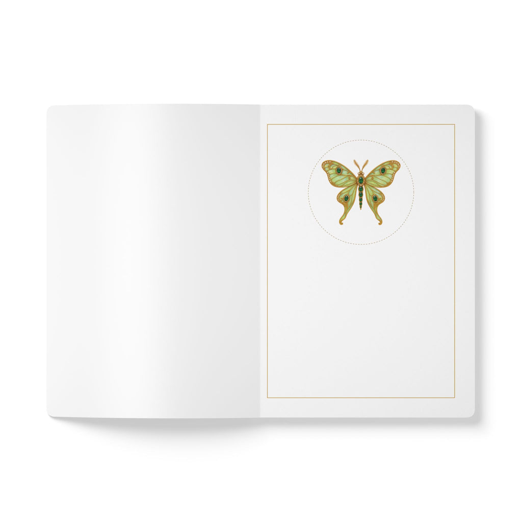 Jeweled emerald luna moth journal with vintage brooch art on a navy cover, May birthstone gift, view 4