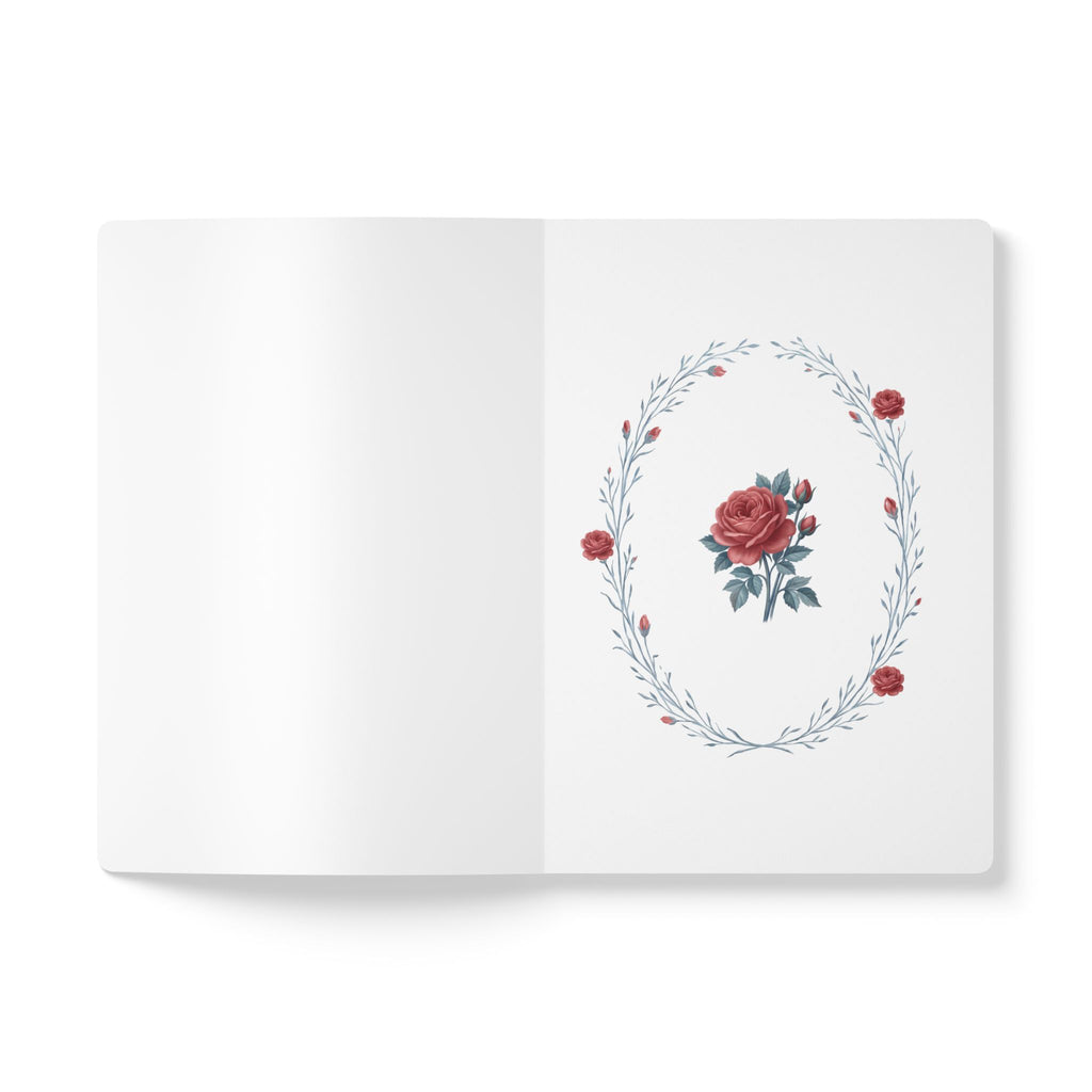 June birth flower journal with red rose oil painting art and lace border on a teal cover, view 4