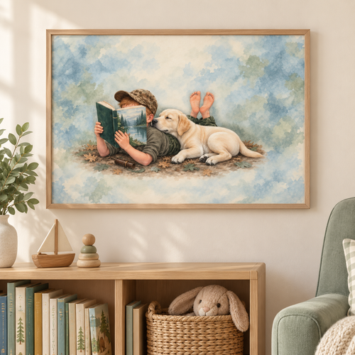 Storybook nursery poster of a boy reading with his yellow lab