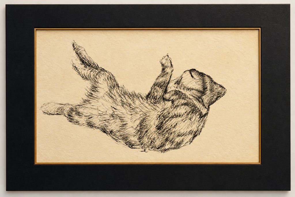 Framed black and white cat sketch with a whimsical, vintage feel