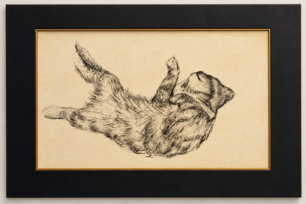 Framed black and white cat sketch with a whimsical, vintage feel