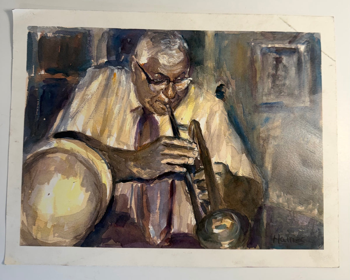 Vintage reproduction print of a New Orleans jazz musician by Fred Haines, signed in the image