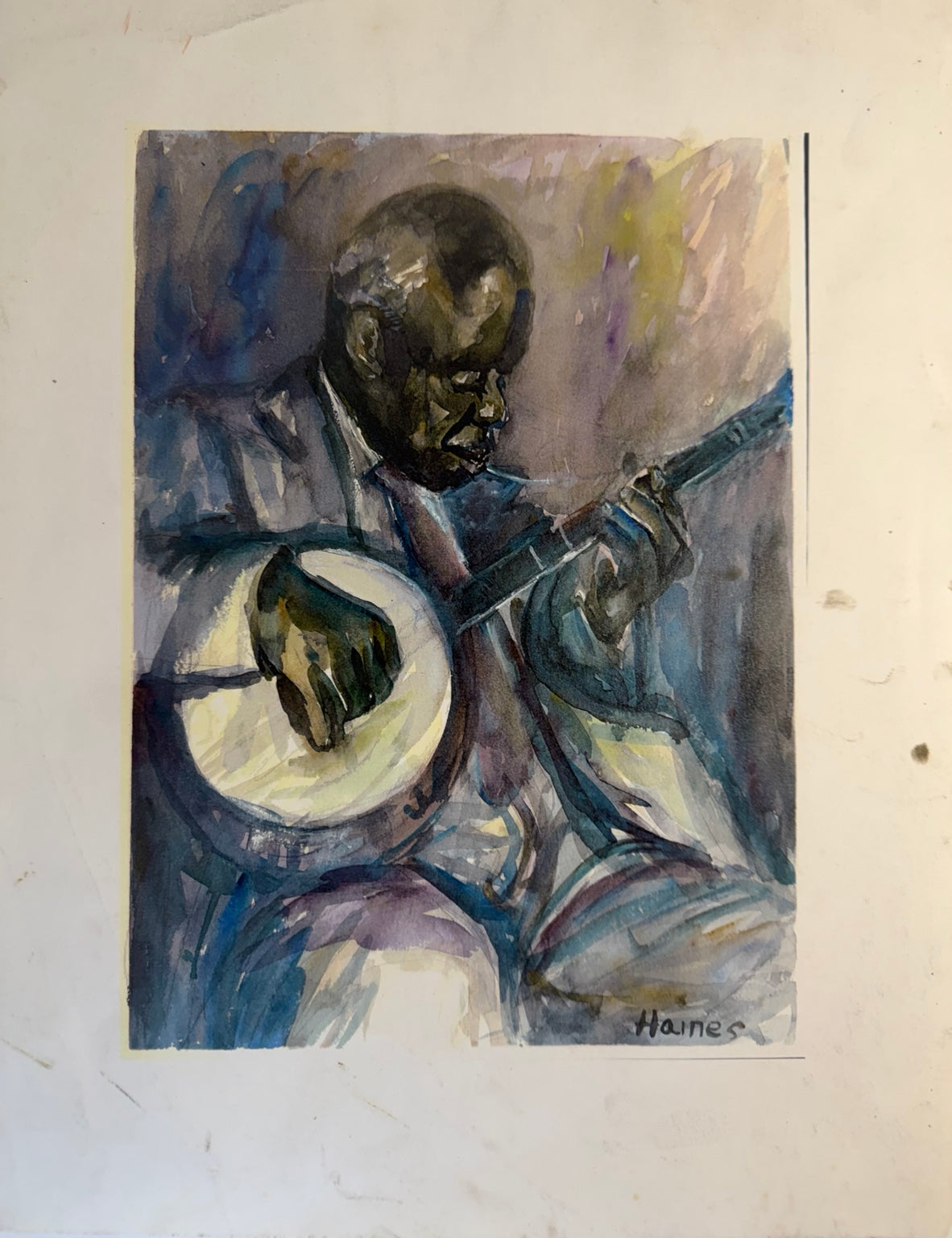 Vintage 11x14 reproduction print of a New Orleans banjo player by Fred Haines, signed in the image, view 2