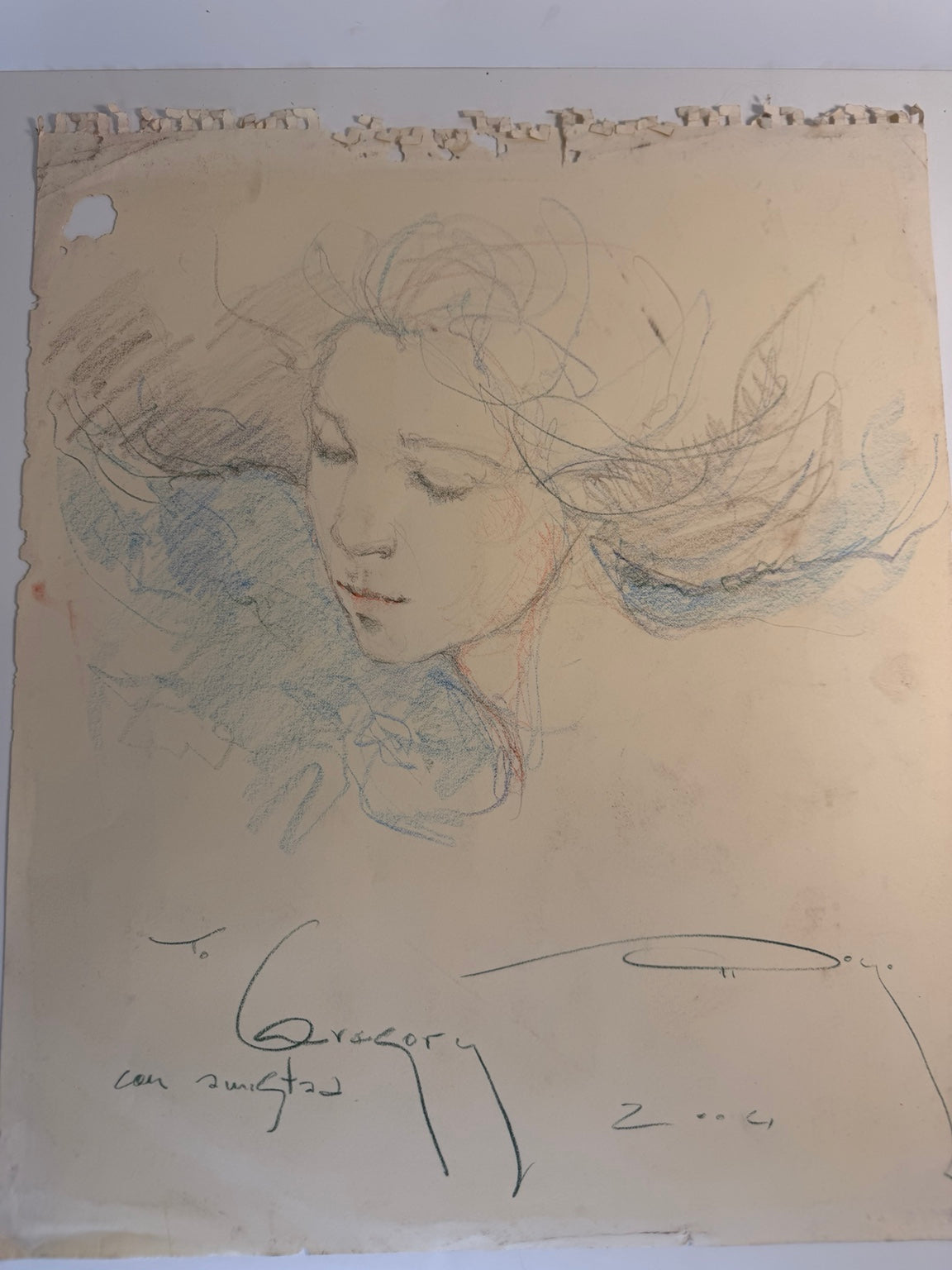 Signed 2004 original mixed media portrait drawing of a woman in charcoal and colored pencil