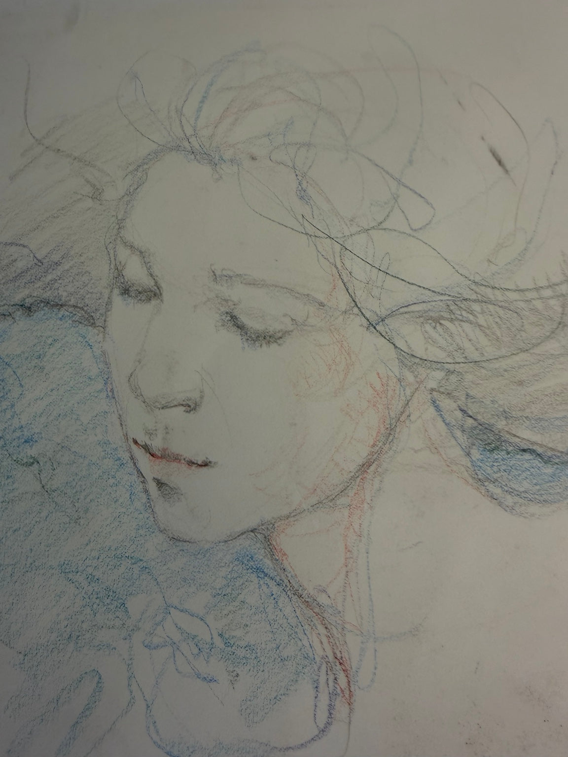Signed 2004 original mixed media portrait drawing of a woman in charcoal and colored pencil, view 2