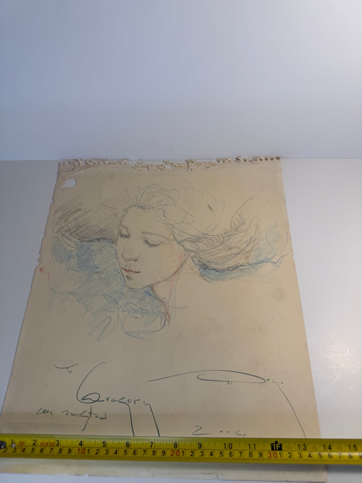 Signed 2004 original mixed media portrait drawing of a woman in charcoal and colored pencil, view 5