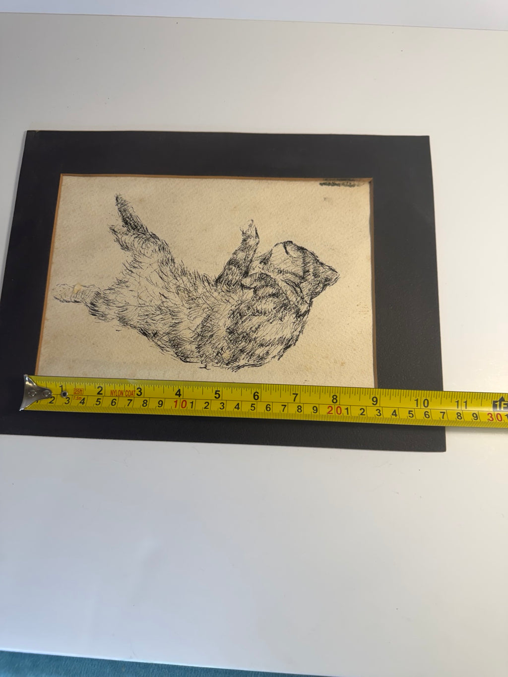Framed black and white cat sketch with a whimsical, vintage feel, view 7