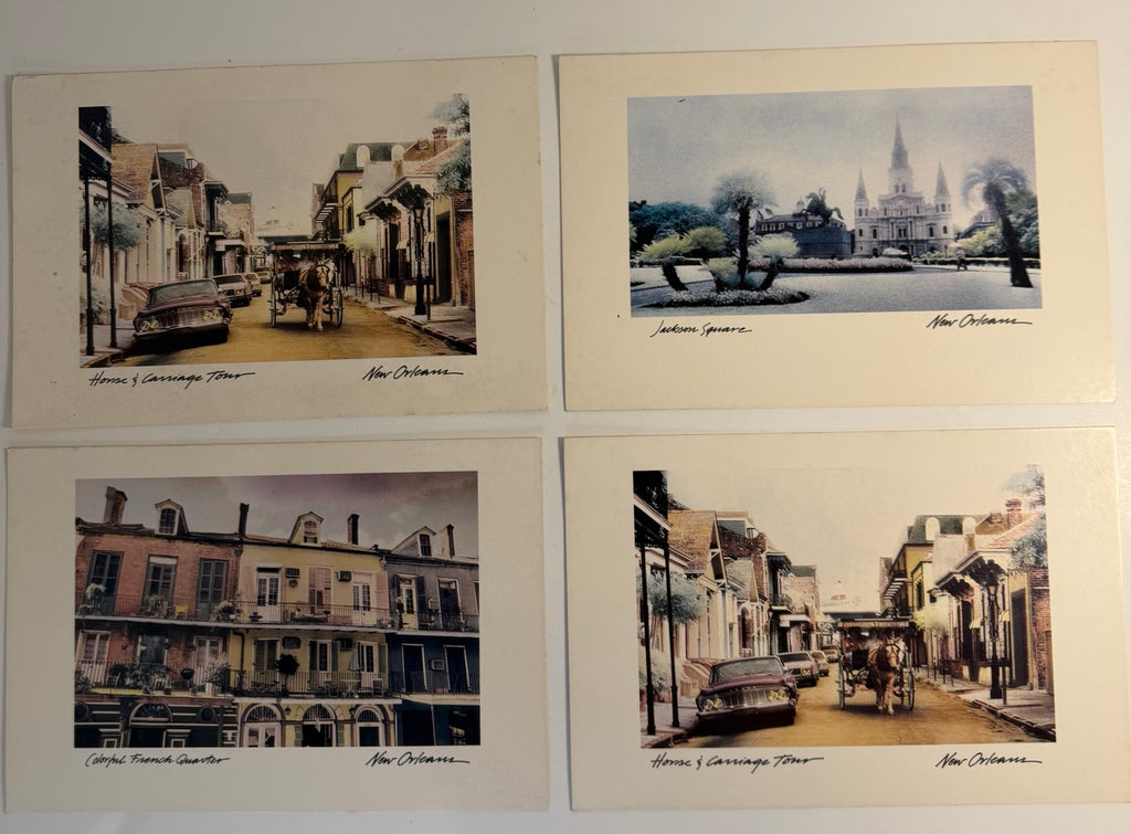 Set of 4 vintage 1986 hand-tinted New Orleans postcards of the French Quarter, Jackson Square and St. Louis Cathedral