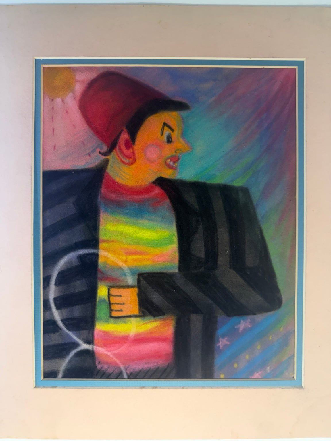 Colorful original vintage clown portrait in pastel on paper, 9x12