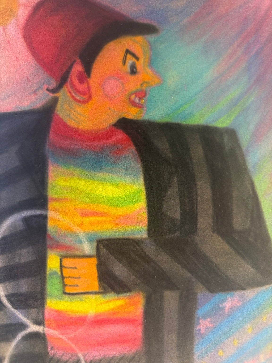 Colorful original vintage clown portrait in pastel on paper, 9x12, view 2