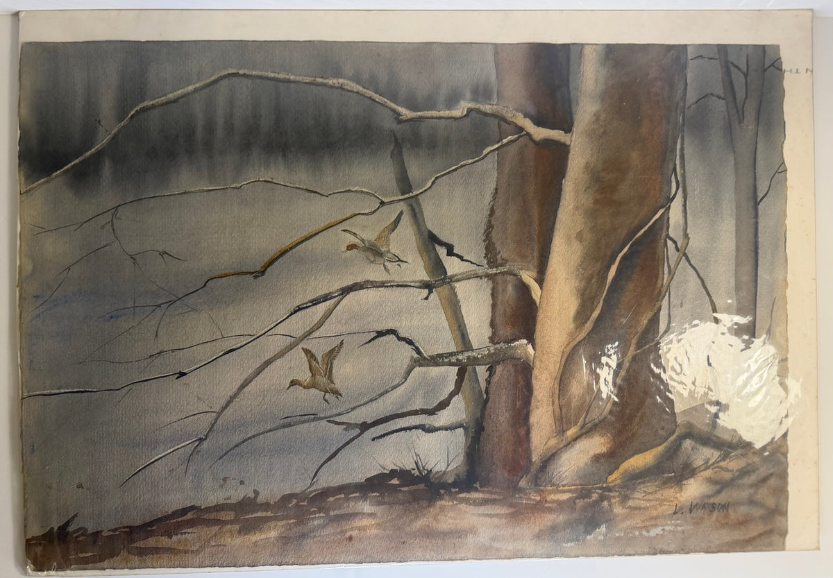 Signed original L. Watson watercolor painting of ducks in flight over fallen timber