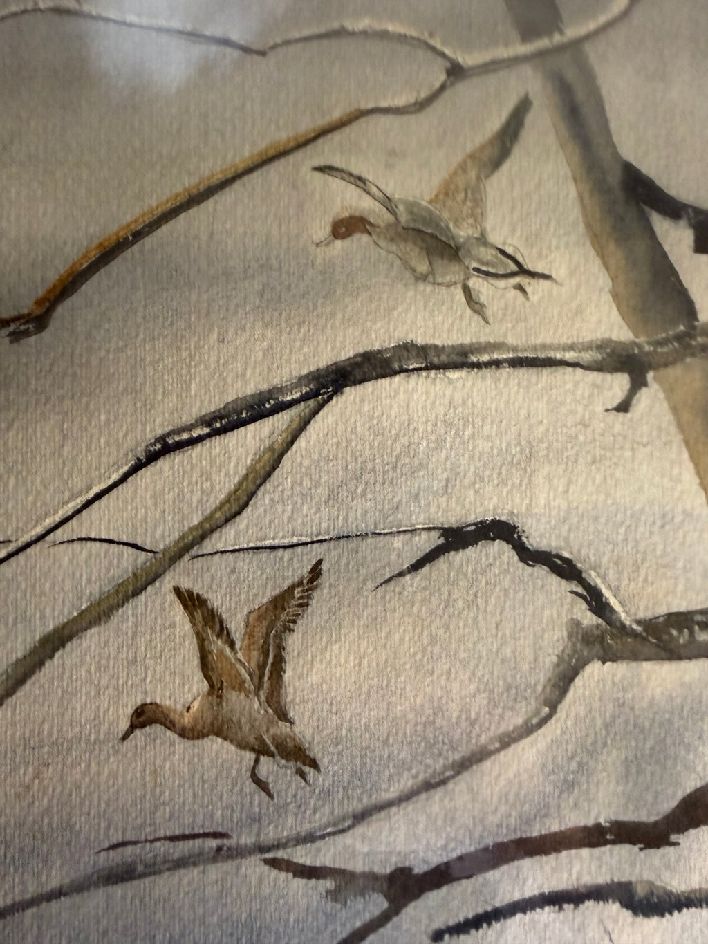 Signed original L. Watson watercolor painting of ducks in flight over fallen timber, view 2