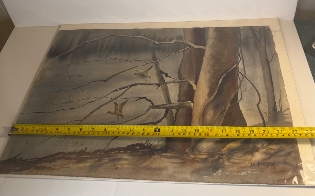 Signed original L. Watson watercolor painting of ducks in flight over fallen timber, view 4