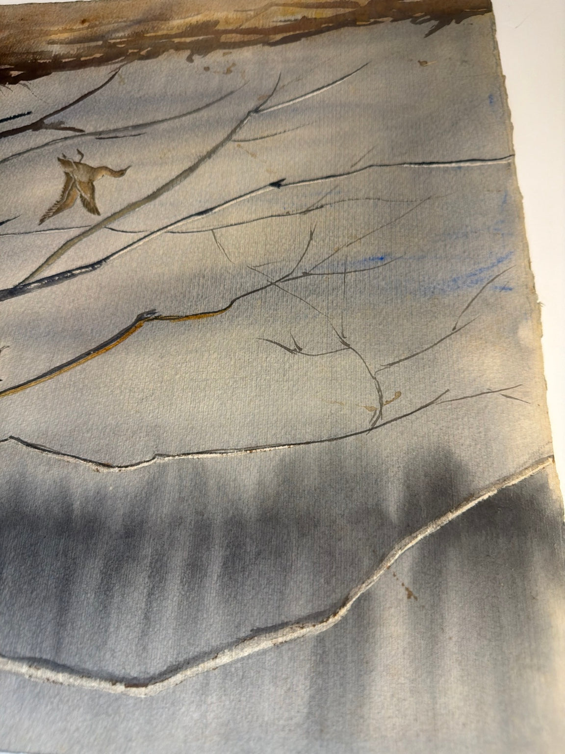 Signed original L. Watson watercolor painting of ducks in flight over fallen timber, view 7