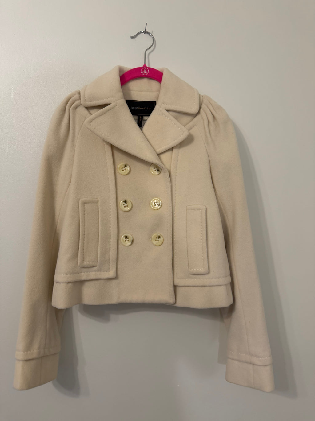 BCBG Max Azria Cream Wool Cropped Peacoat with Puff Shoulders XXS