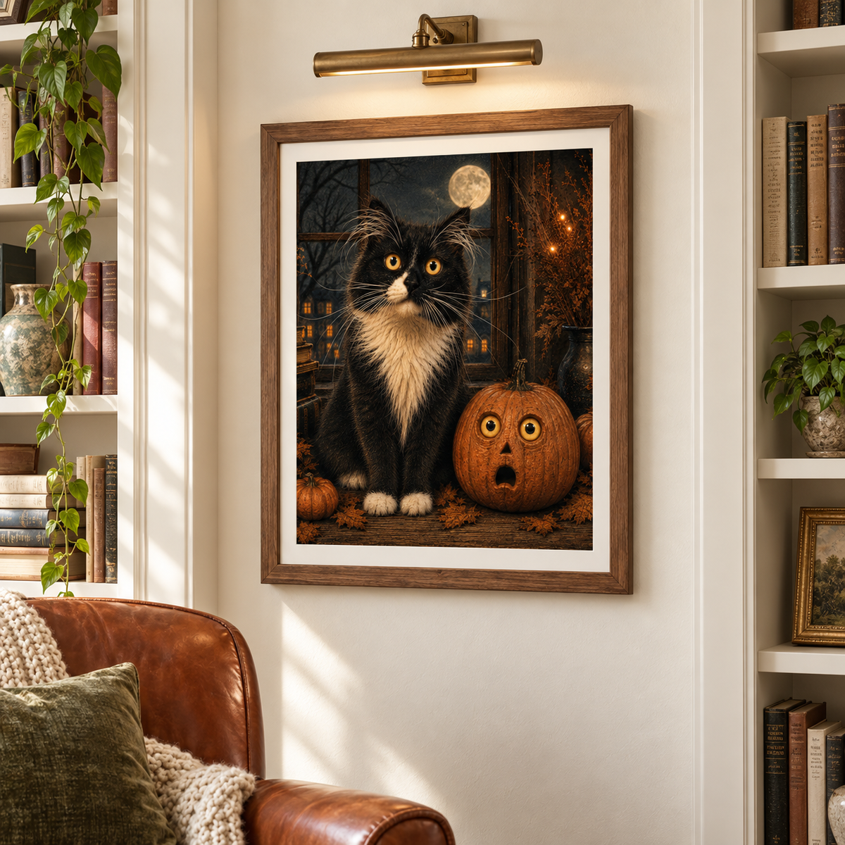Halloween Cat Poster, Black Cat and Pumpkin Wall Art, Spooky Halloween Decor, Vintage Style Cat Print