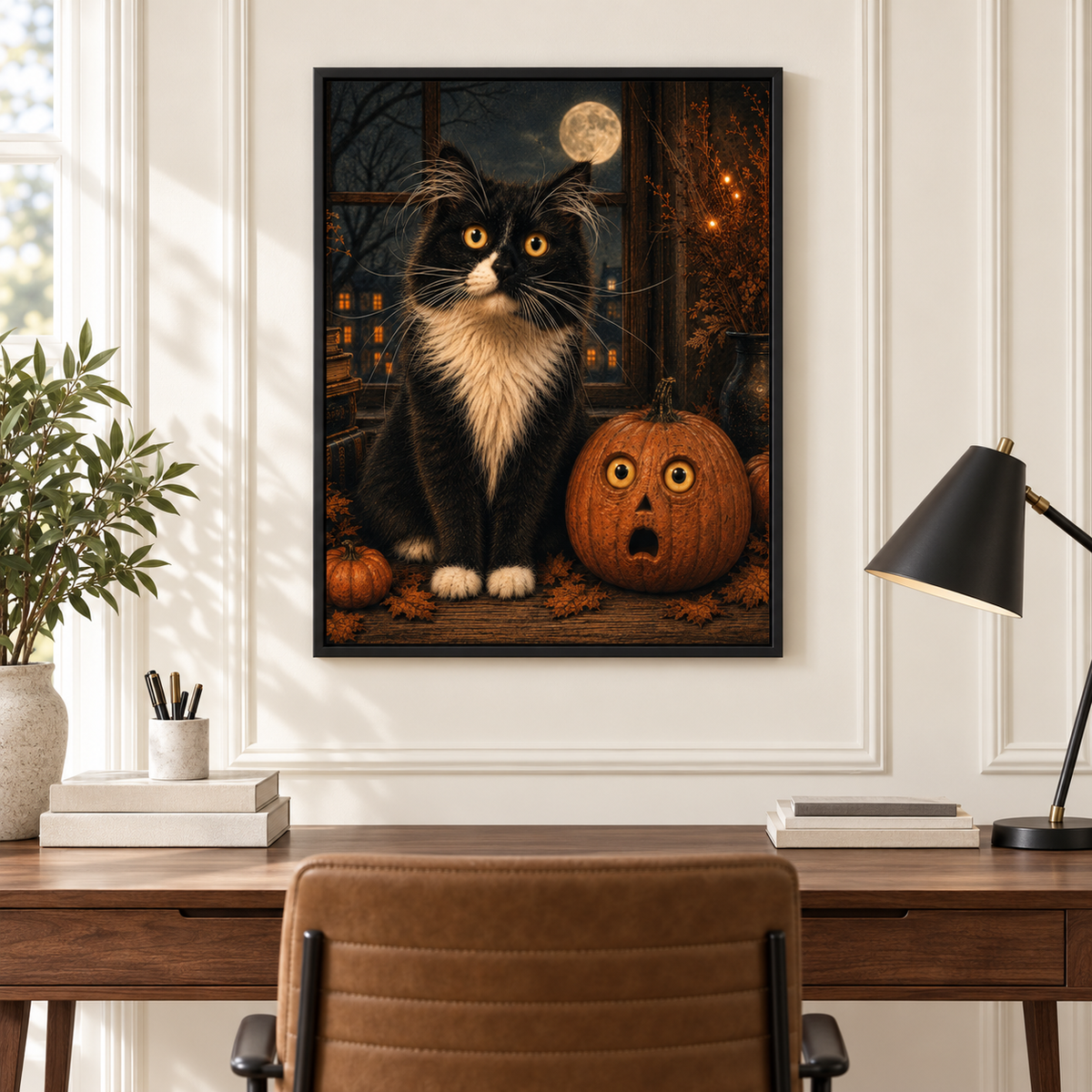 Halloween Cat Poster, Black Cat and Pumpkin Wall Art, Spooky Halloween Decor, Vintage Style Cat Print