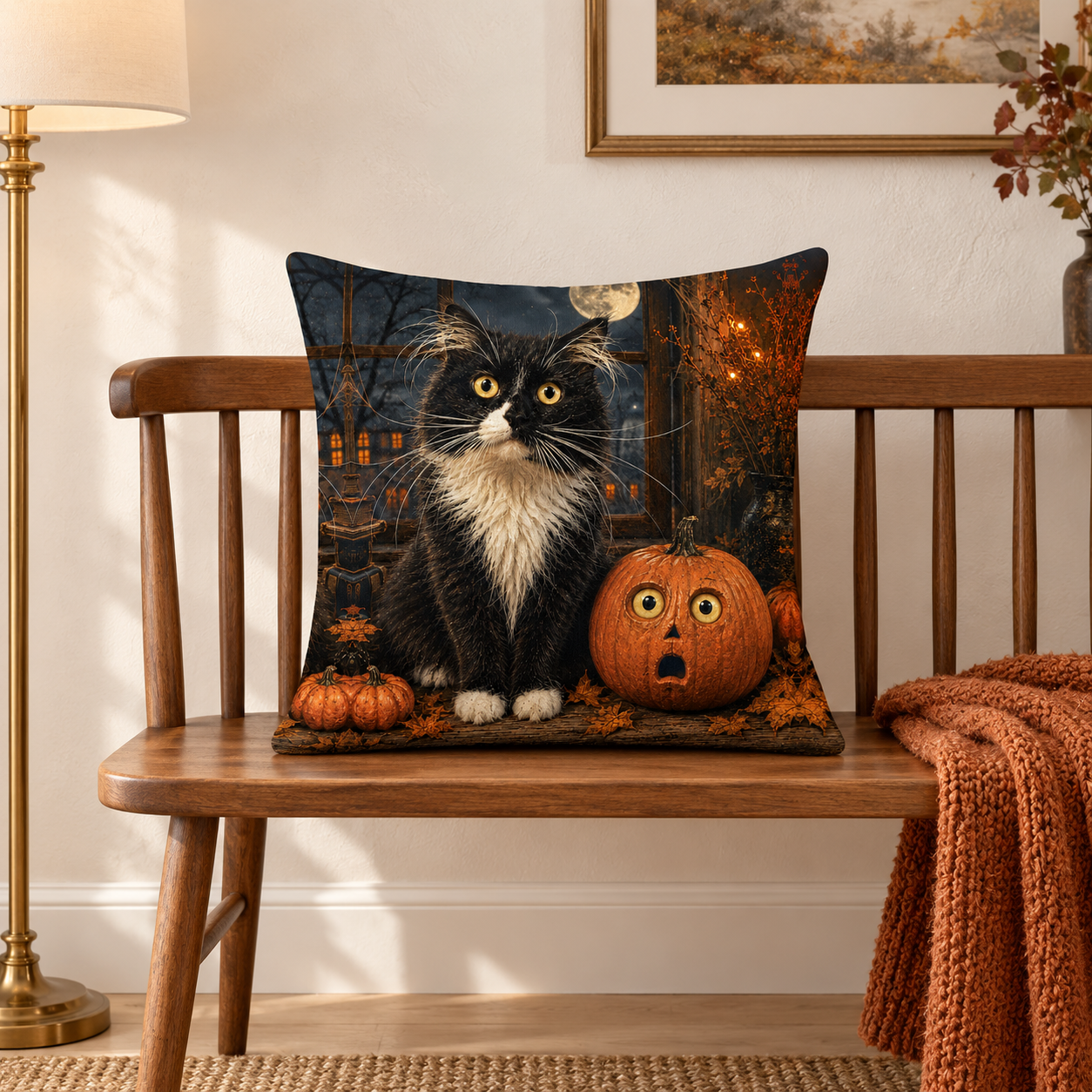 Halloween Cat Pillow, Black Cat and Pumpkin Throw Pillow, Spooky Fall Decor, Vintage Halloween Home Decor