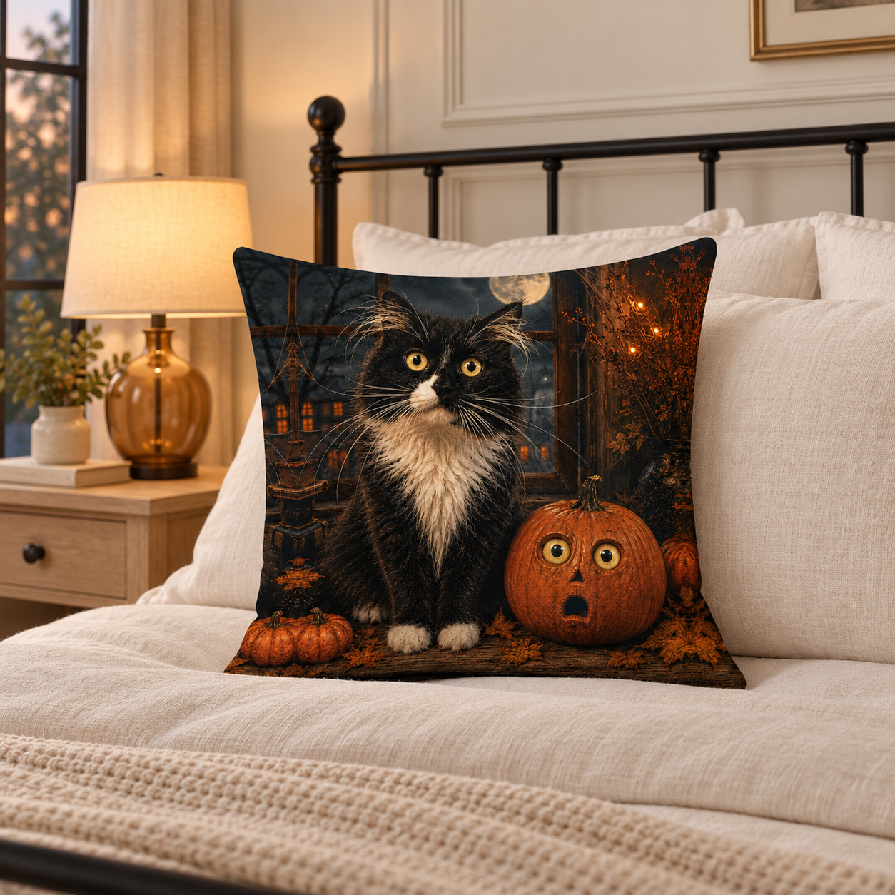 Halloween Cat Pillow, Black Cat and Pumpkin Throw Pillow, Spooky Fall Decor, Vintage Halloween Home Decor