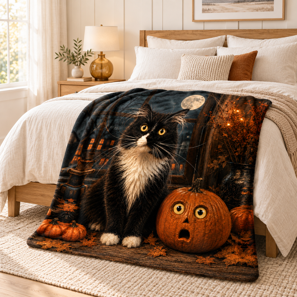 Halloween Cat Throw Blanket, Black Cat and Pumpkin Decor, Spooky Halloween Blanket, Cat Lover Gift