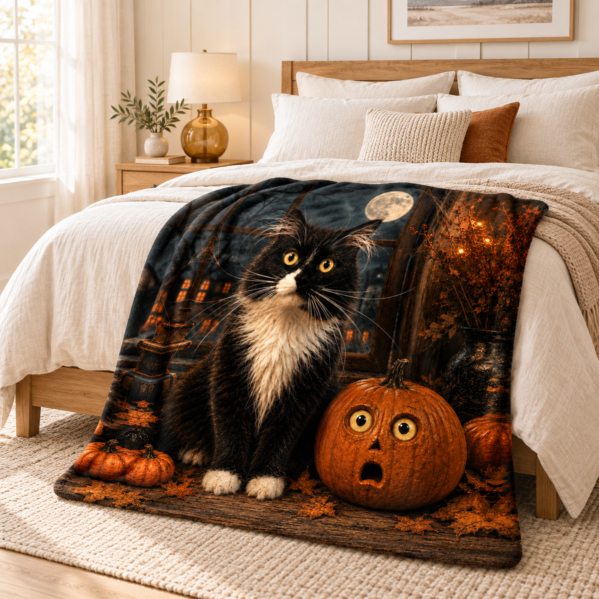 Halloween Cat Throw Blanket, Black Cat and Pumpkin Decor, Spooky Halloween Blanket, Cat Lover Gift