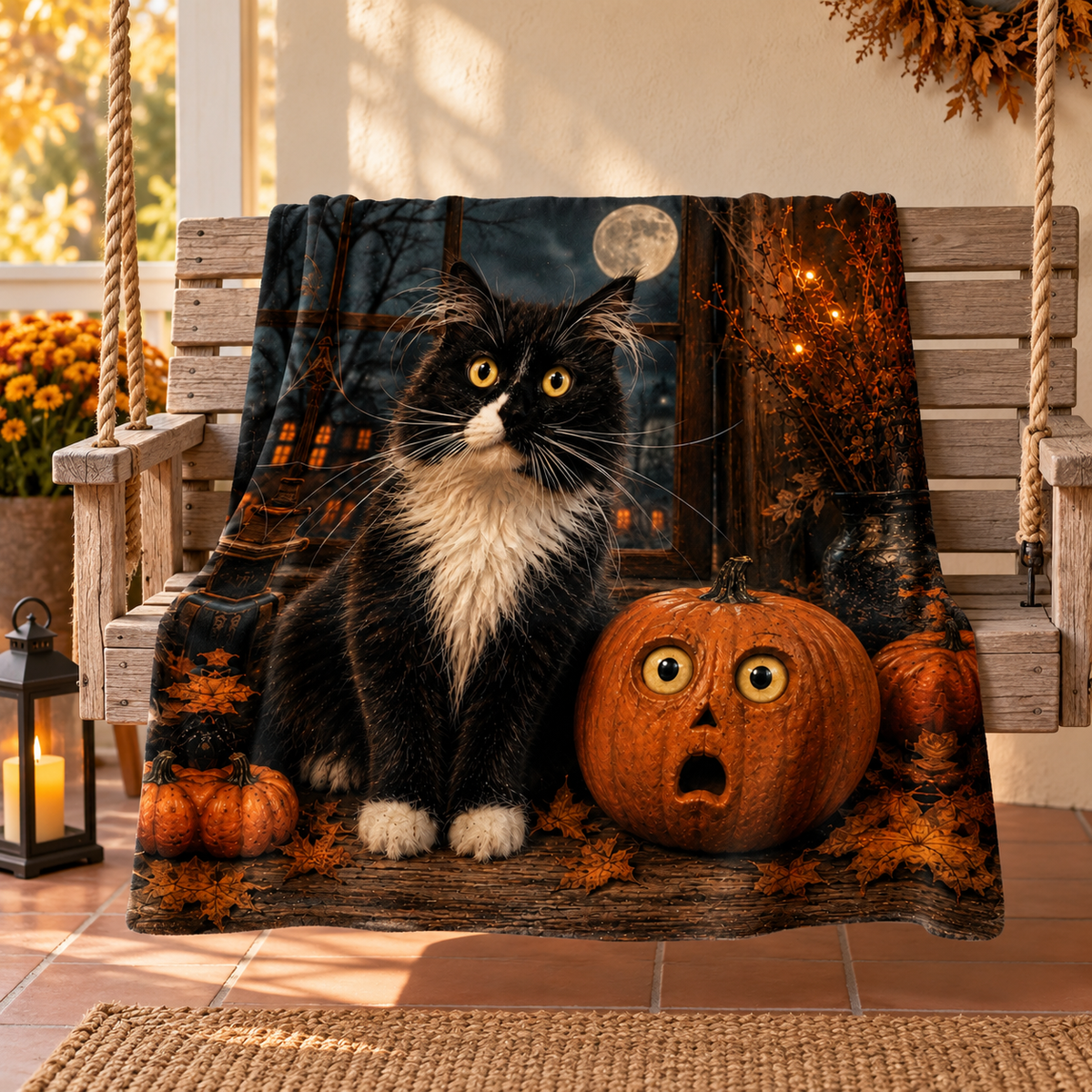 Halloween Cat Throw Blanket, Black Cat and Pumpkin Decor, Spooky Halloween Blanket, Cat Lover Gift