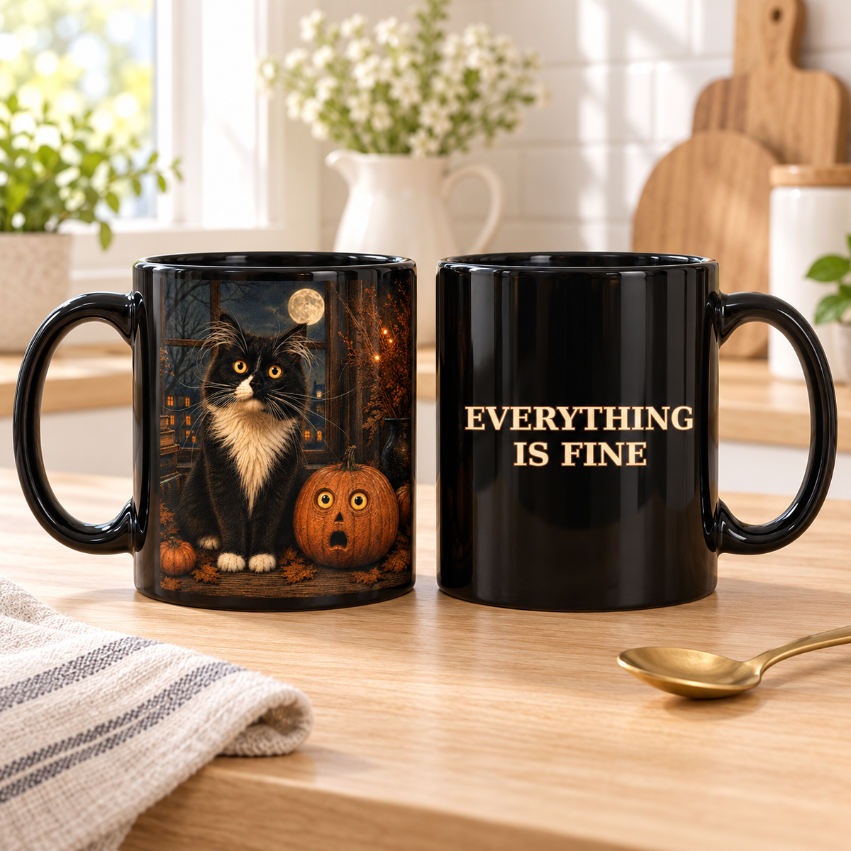 Halloween Cat Mug, Everything Is Fine Coffee Mug, Funny Black Cat Pumpkin Cup, Spooky Cat Lover Gift