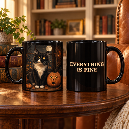 Halloween Cat Mug, Everything Is Fine Coffee Mug, Funny Black Cat Pumpkin Cup, Spooky Cat Lover Gift