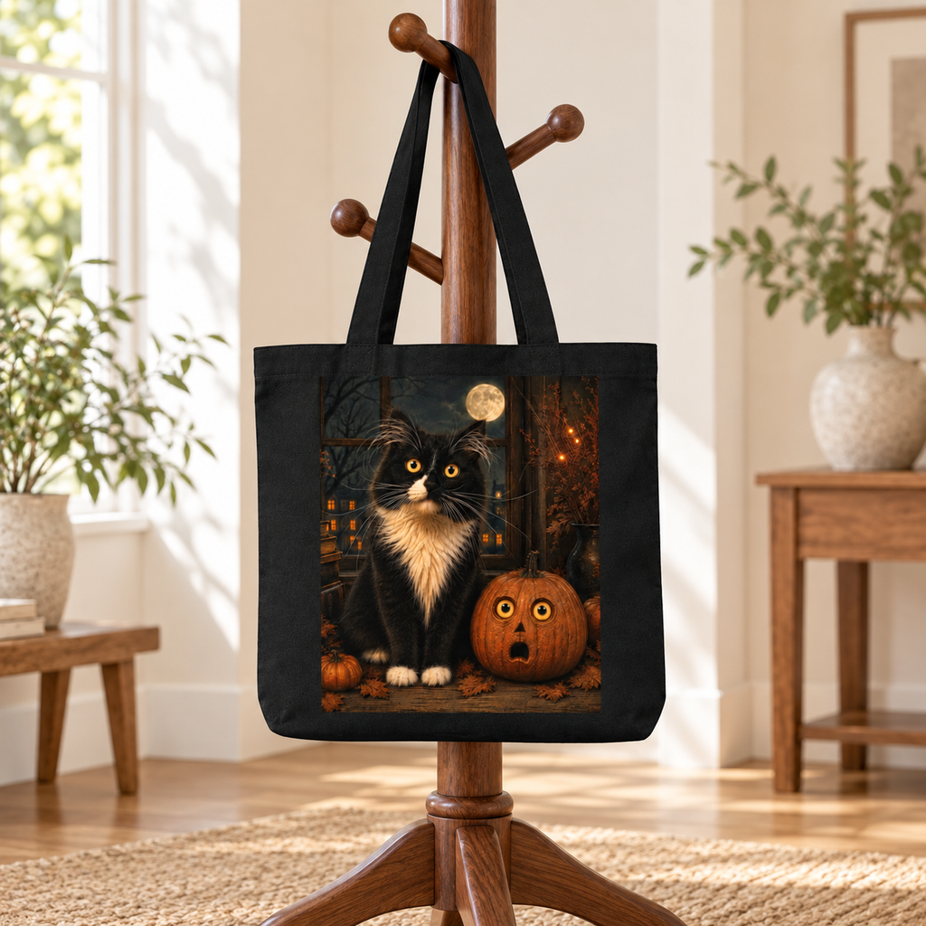 Halloween Black Cat Tote Bag, Frazzled Tuxedo Cat Canvas Tote, Funny Halloween Teacher Bag, Spooky Cat Lover Gift