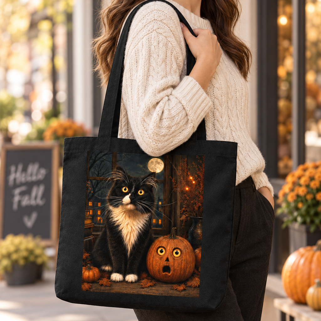 Halloween Black Cat Tote Bag, Frazzled Tuxedo Cat Canvas Tote, Funny Halloween Teacher Bag, Spooky Cat Lover Gift