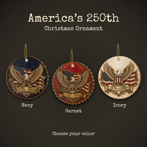 America's 250th anniversary Christmas ornament in navy, garnet and ivory, jeweled gold eagle 1776 2026