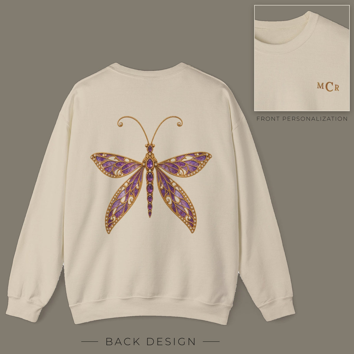 Back of sand sweatshirt with jeweled amethyst lacewing brooch design; inset shows the front with personalized monogram on the left chest