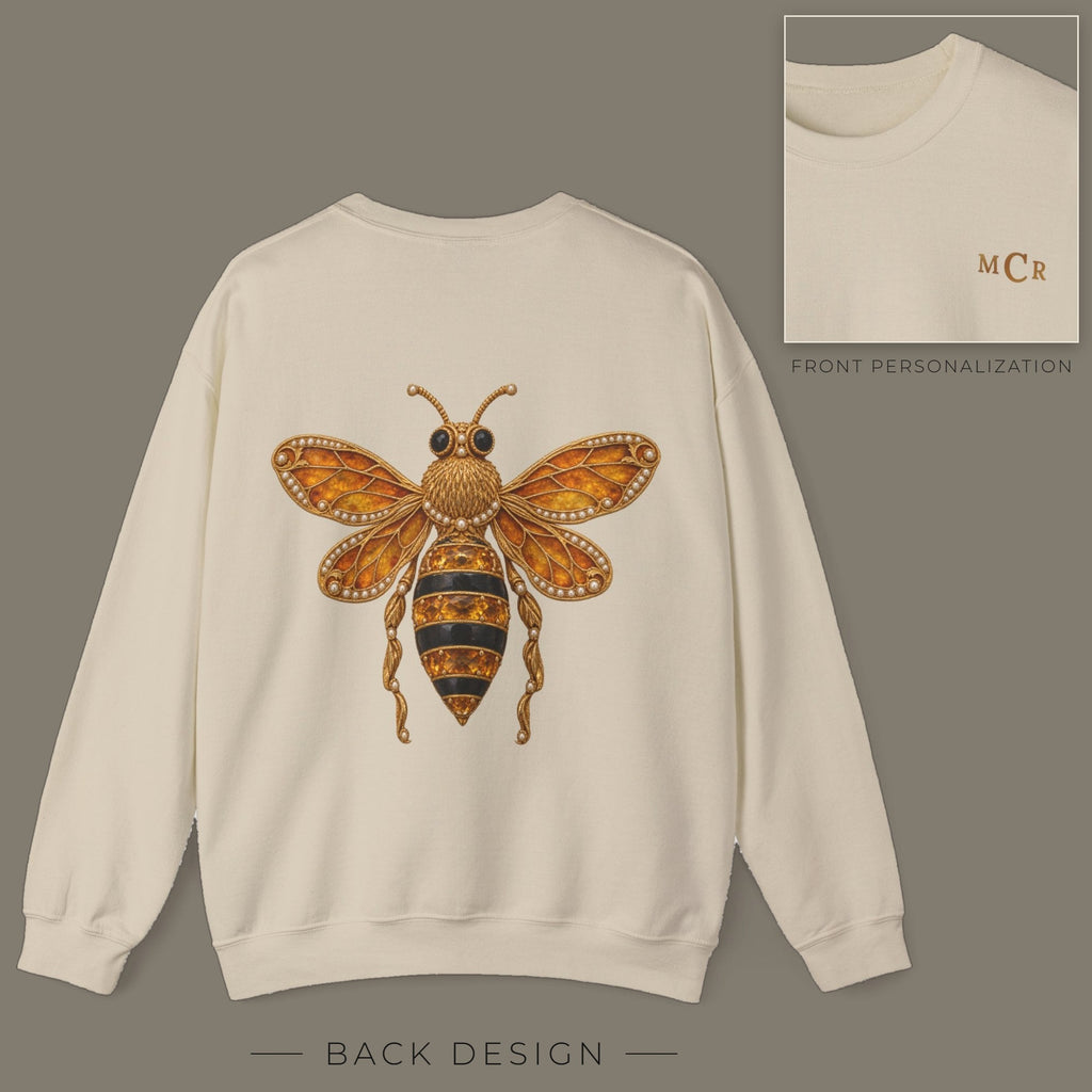 Back of sand sweatshirt with jeweled citrine honeybee brooch design; inset shows the front with personalized monogram on the left chest
