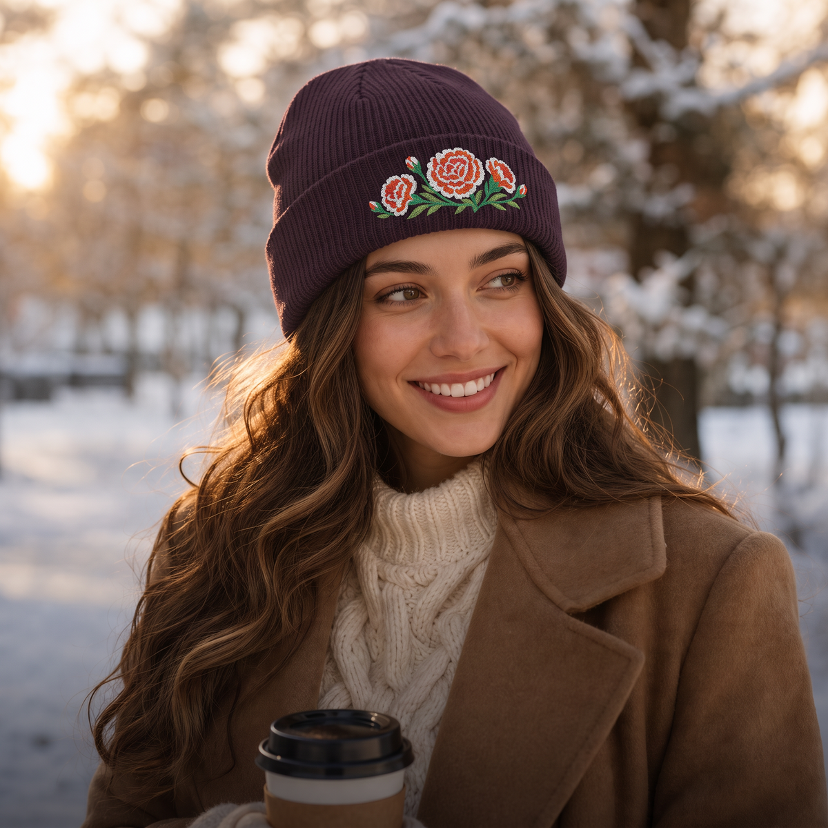 Woman in the snow wearing a plum birth flower beanie with embroidered pink carnations
