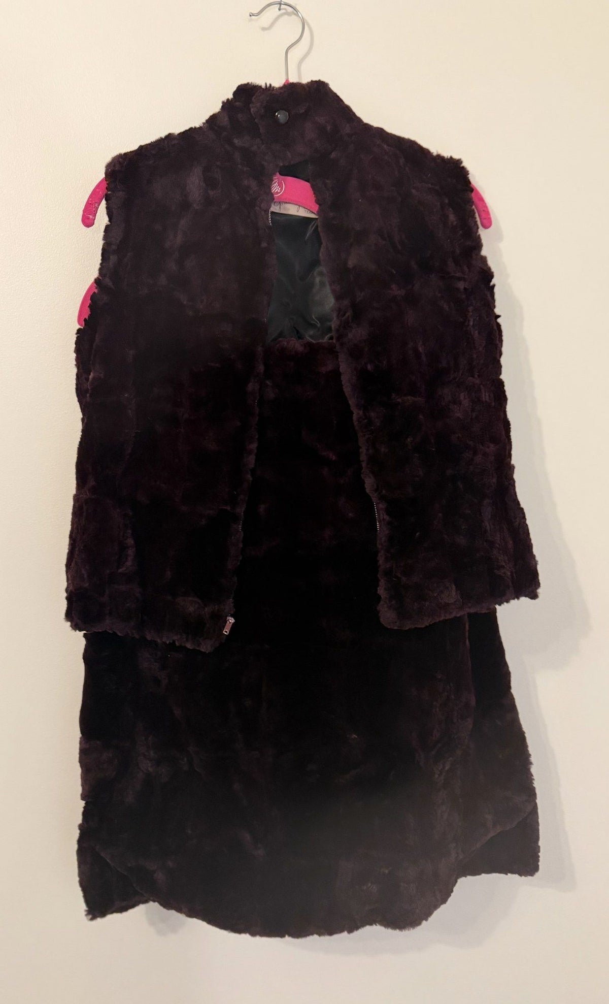 Vintage plum sheared fur vest and skirt set on a hanger