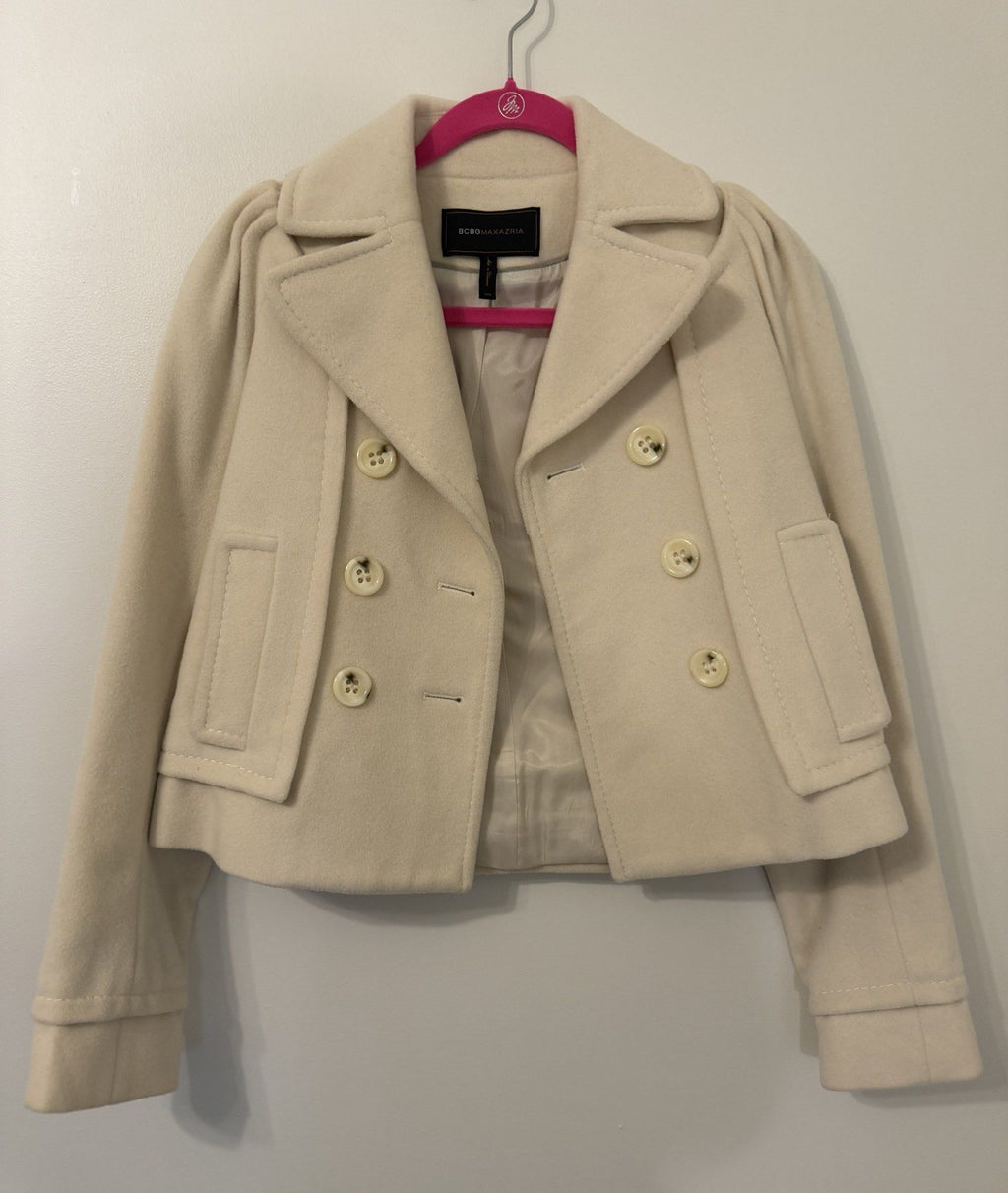 BCBG Max Azria cream cropped wool peacoat, front