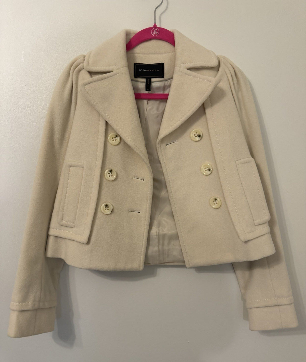 BCBG Max Azria cream cropped wool peacoat, front