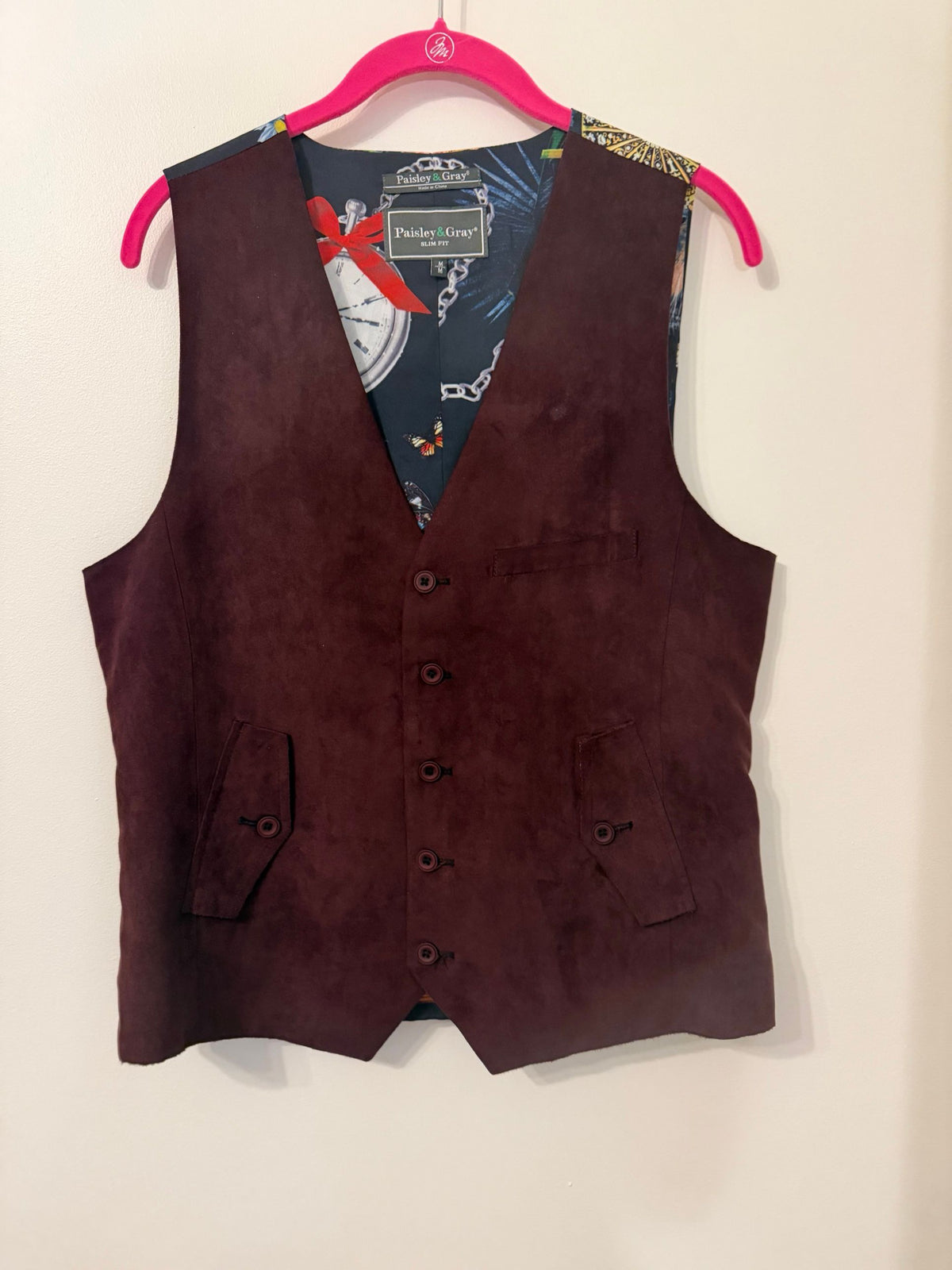Paisley & Gray burgundy faux suede men's vest, front view