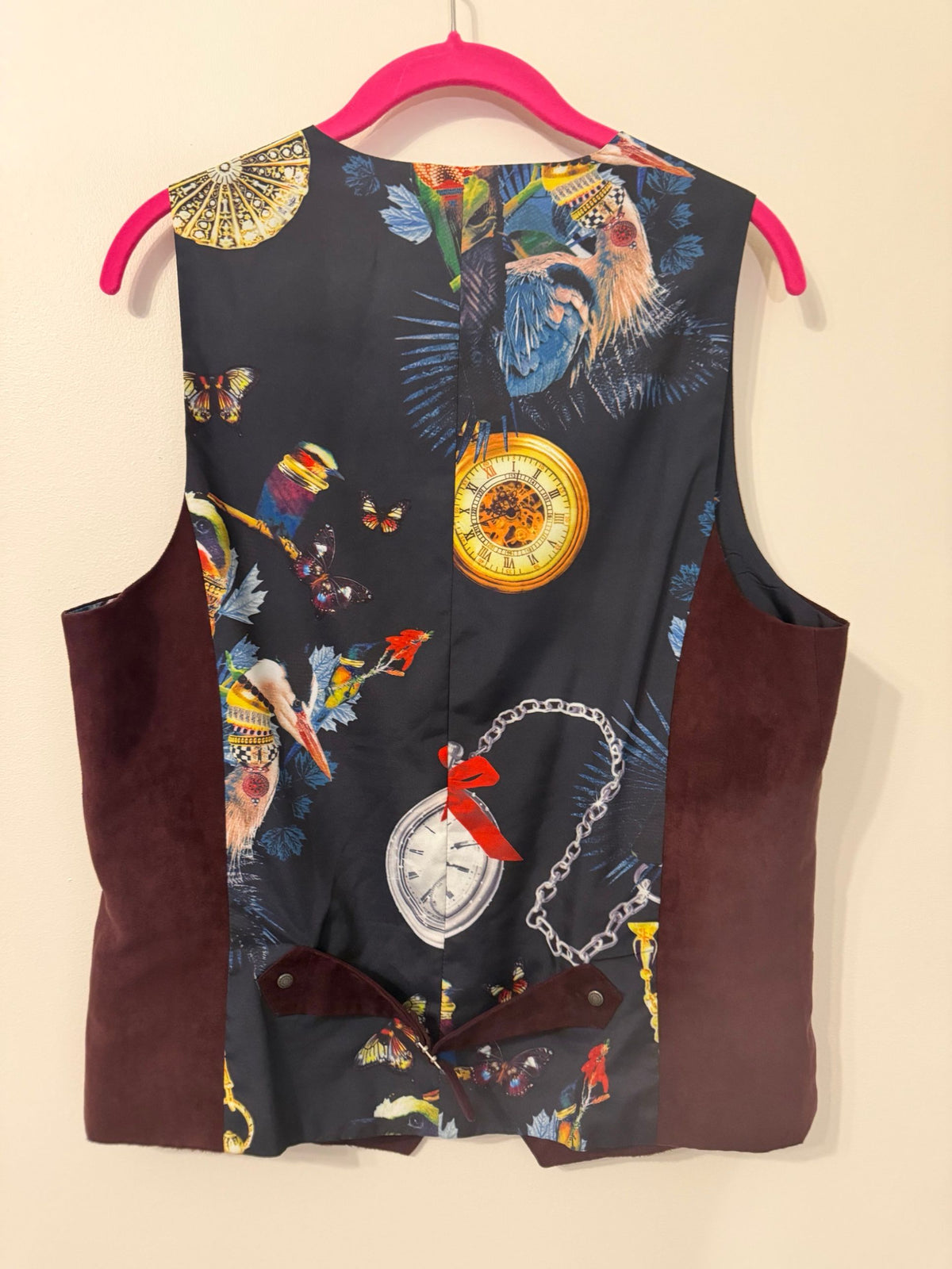 Back of vest with pocket watch, bird and butterfly print