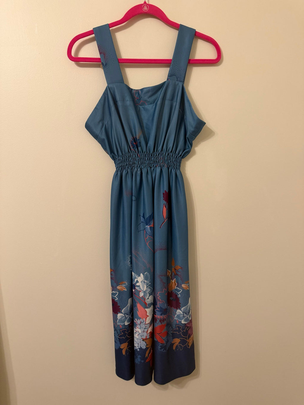 Vintage 70s blue floral border print sundress, front