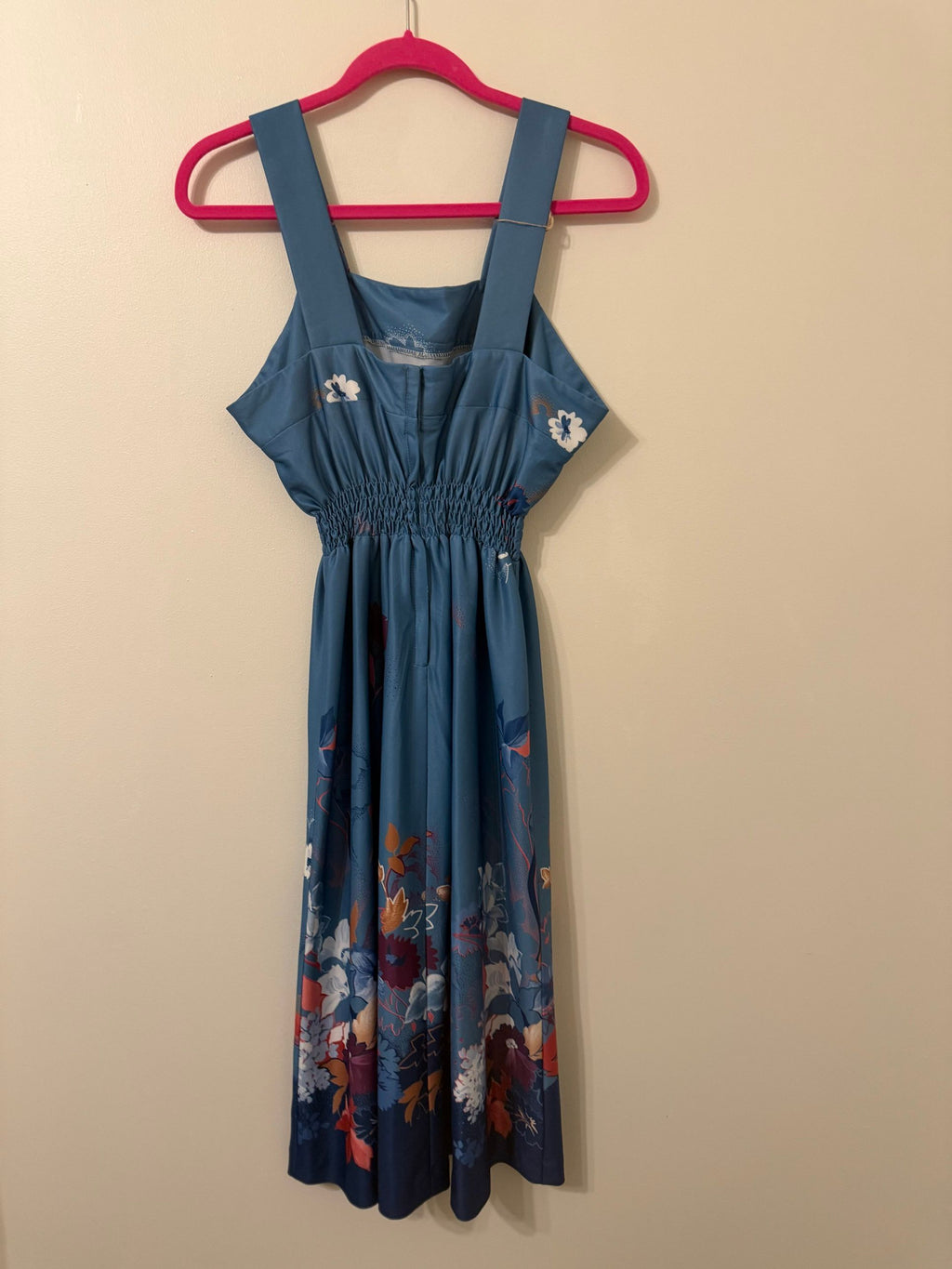 Vintage 70s blue floral border print sundress, back with smocked waist