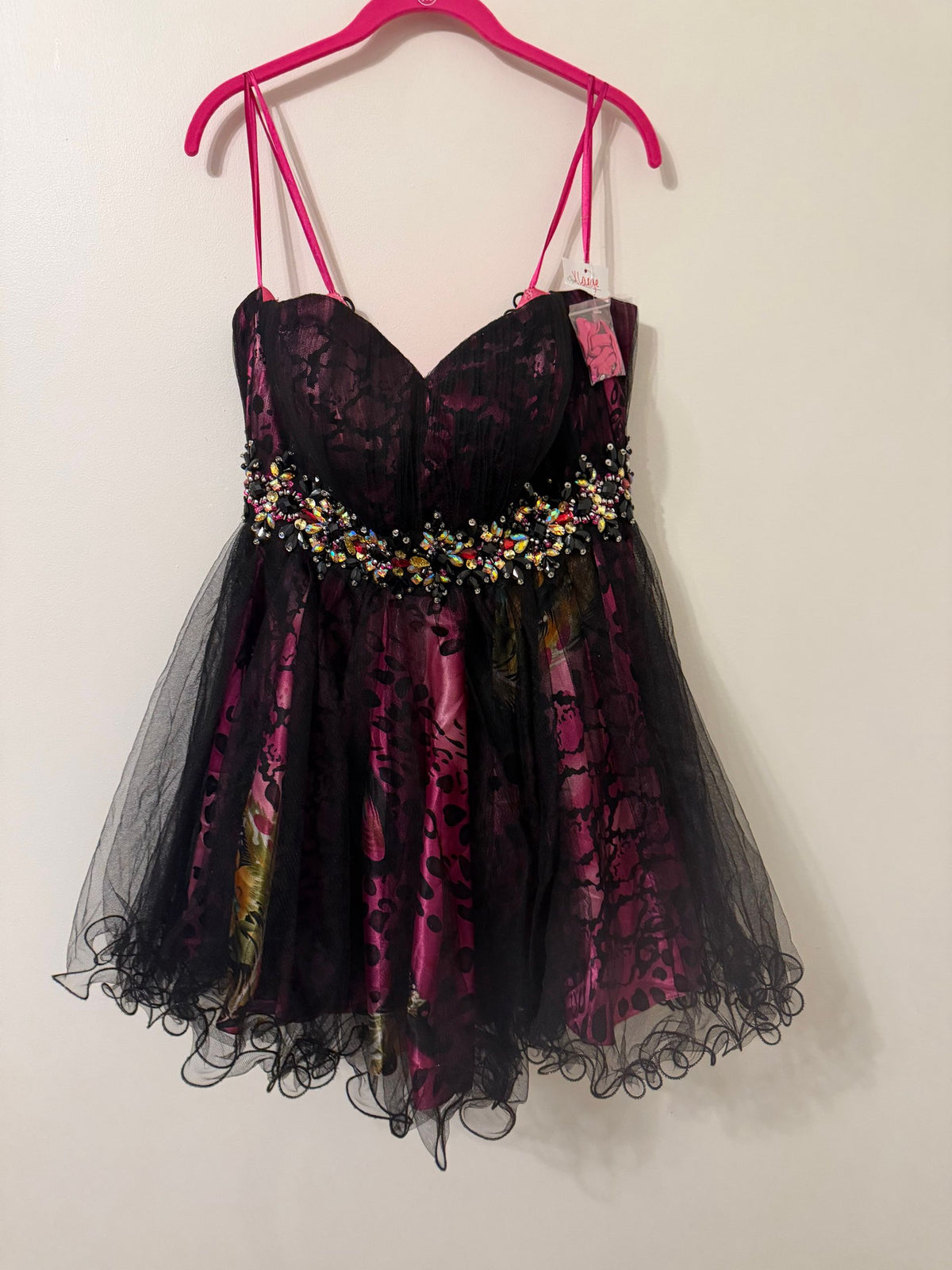 Lola LaBelle black tulle beaded party dress, front