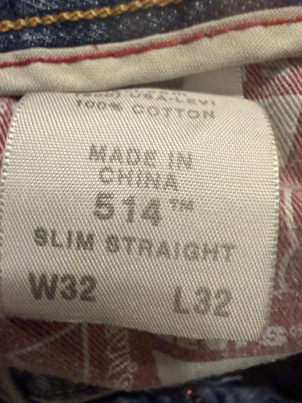 Levi's 514 size tag W32 L32 100% cotton