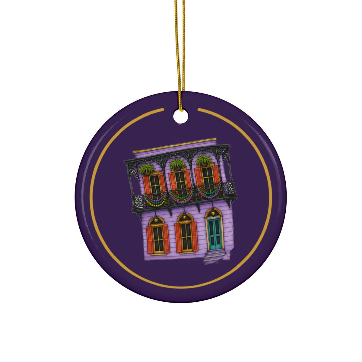 Lavender Balcony House Mardi Gras house ornament, Purple and Gold background