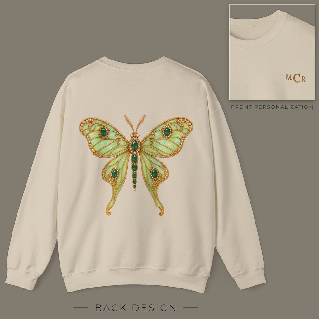 Back of sand sweatshirt with jeweled emerald luna moth brooch design; inset shows the front with personalized monogram on the left chest