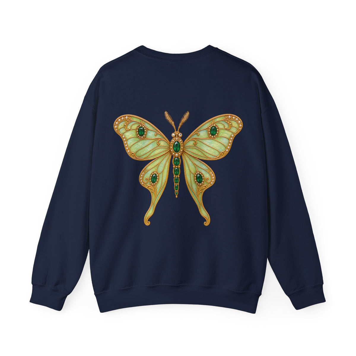 Emerald Luna Moth sweatshirt in navy, back view